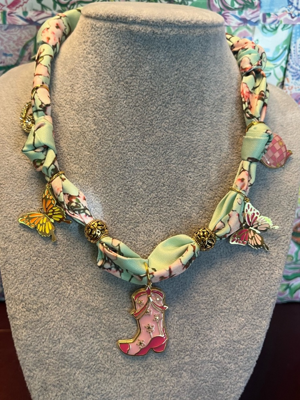 Floral Pastel Butterfly & Boot Charm Necklace - Pink and Mint